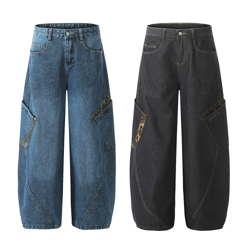 Big pocket curved knife jeans for men and women loose retro baggy wide leg embroidered floor pants