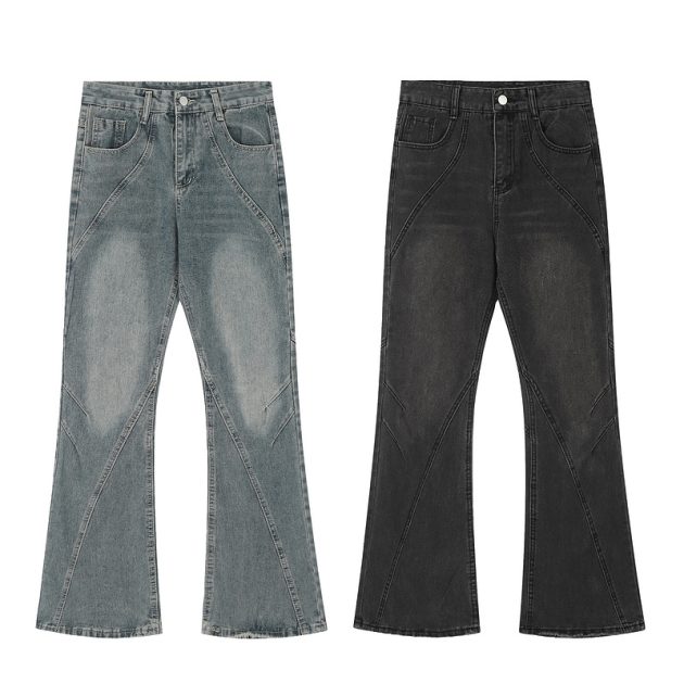 Men's vintage black gray deconstructive straight tube slightly flared style cool jeans