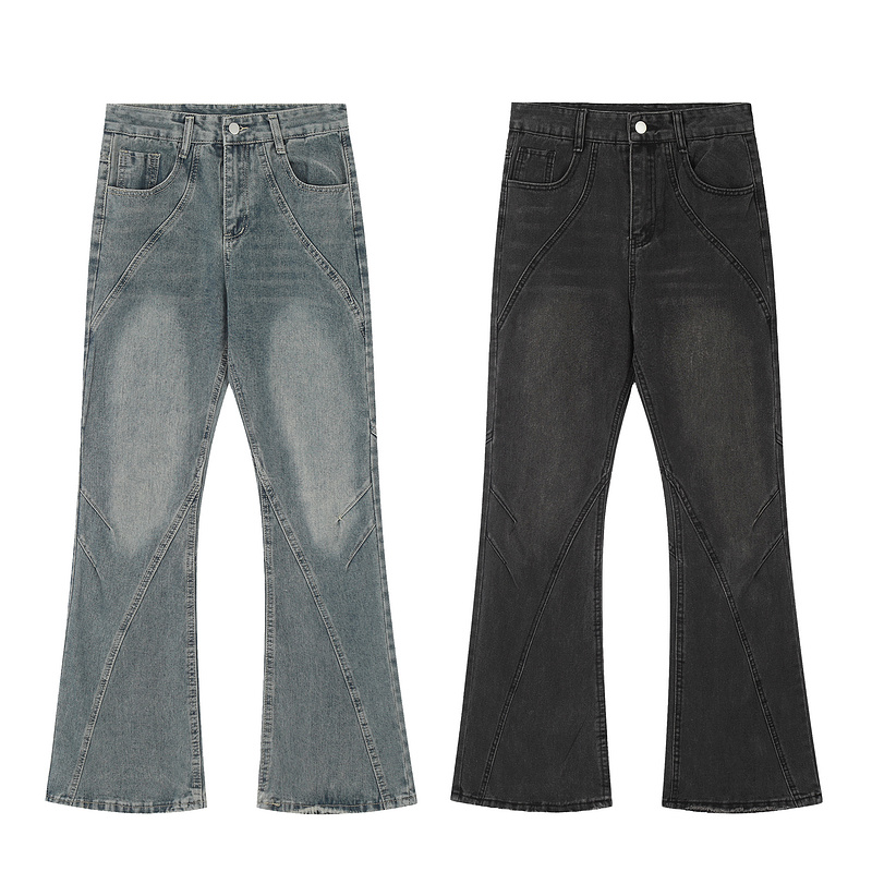 Men’s vintage black gray deconstructive straight tube slightly flared style cool jeans