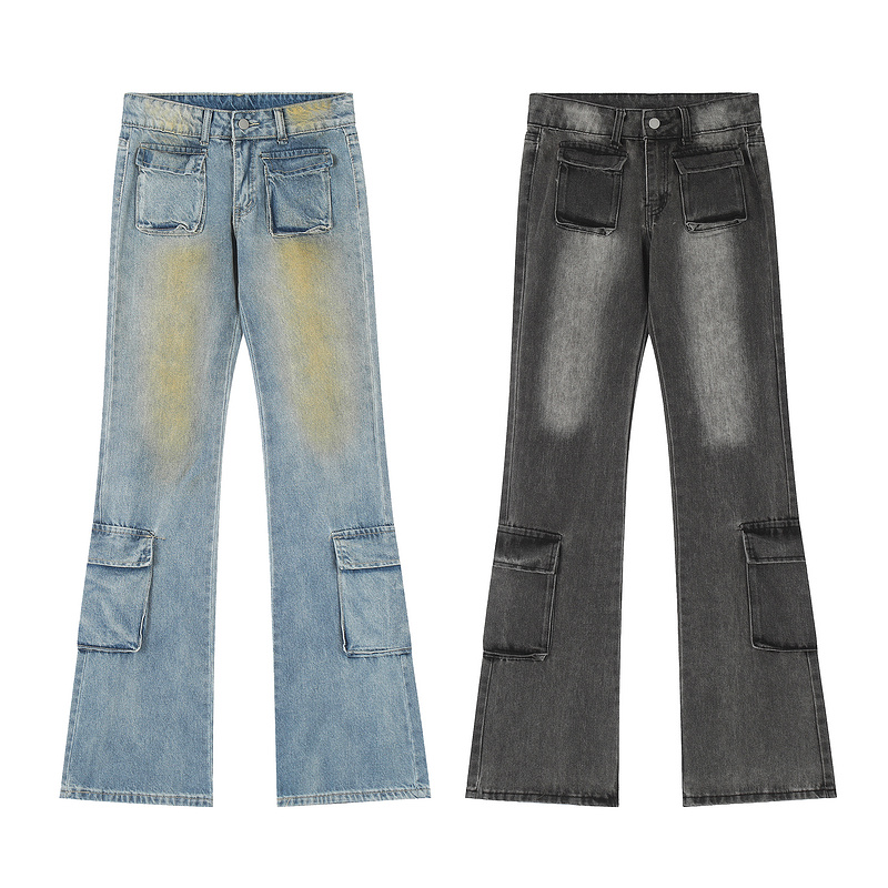 American high street hip-hop retro gradient multi pocket design jeans for men