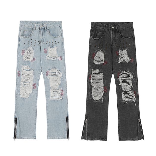 American street rivet ripped jeans