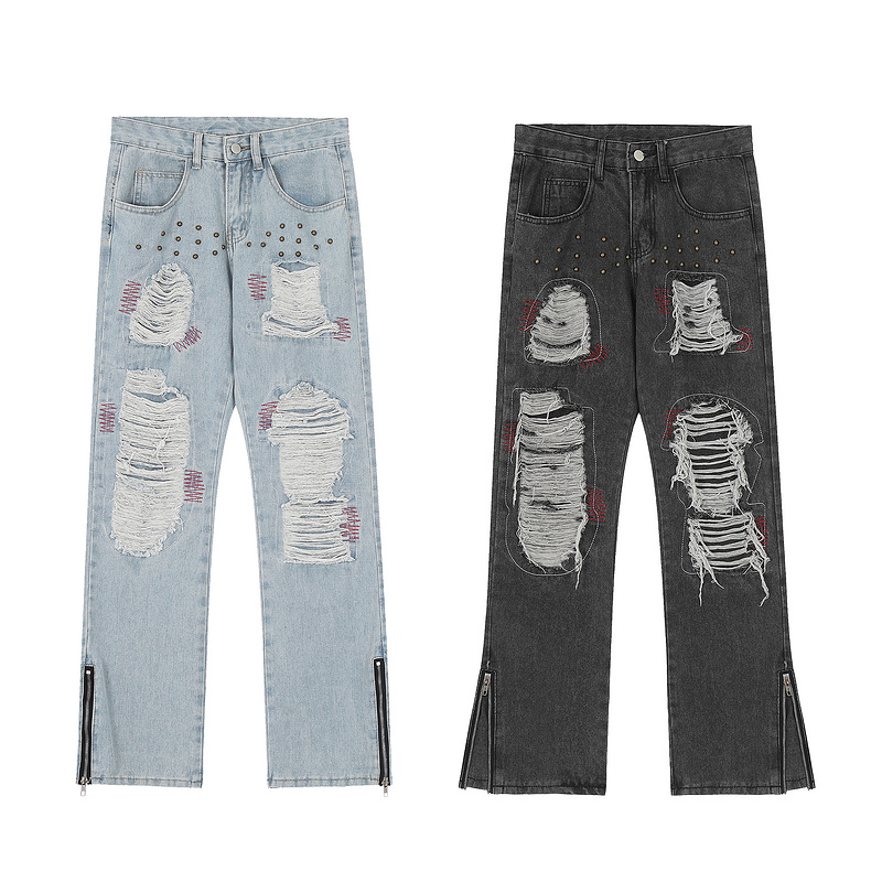American street rivet ripped jeans