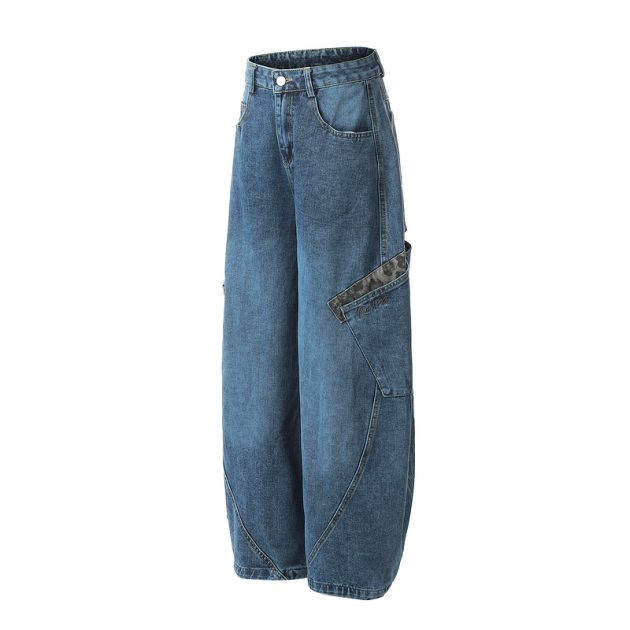 Big pocket curved knife jeans for men and women loose retro baggy wide leg embroidered floor pants - Image 8