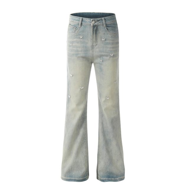 2025 Spring and Autumn New Butterfly Hot Diamond High Waist Slimming Water Washed Blue Slimming Micro Pull Down Jeans - Image 3