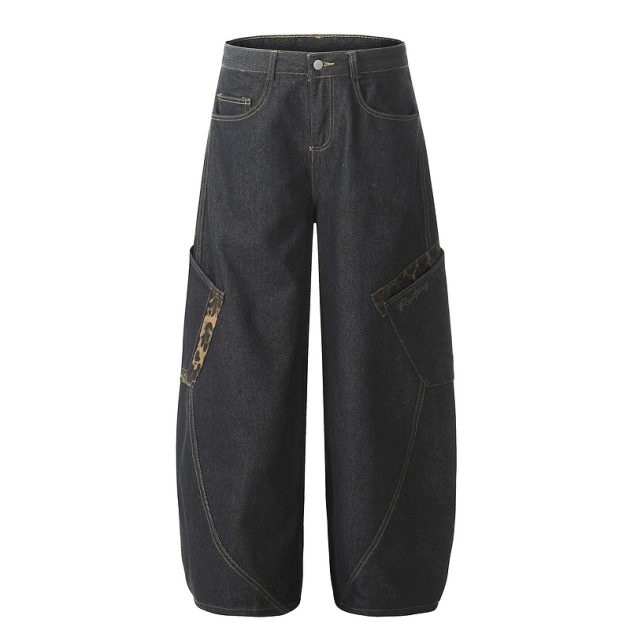 Big pocket curved knife jeans for men and women loose retro baggy wide leg embroidered floor pants - Image 4