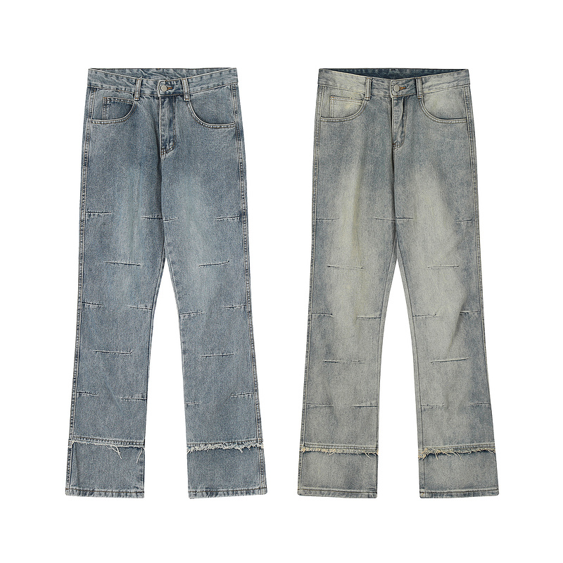 American street style men’s and women’s spliced micro flared three-dimensional cut washed ripped jeans