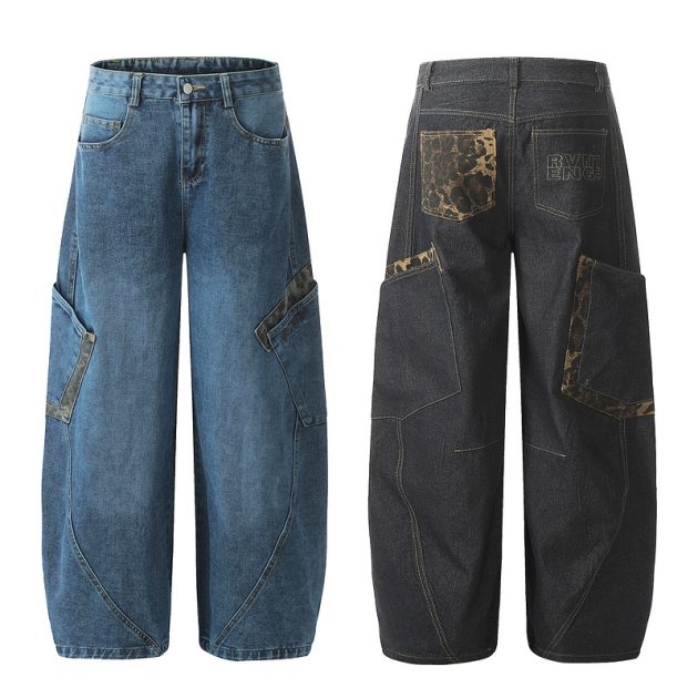 Big pocket curved knife jeans for men and women loose retro baggy wide leg embroidered floor pants - Image 2