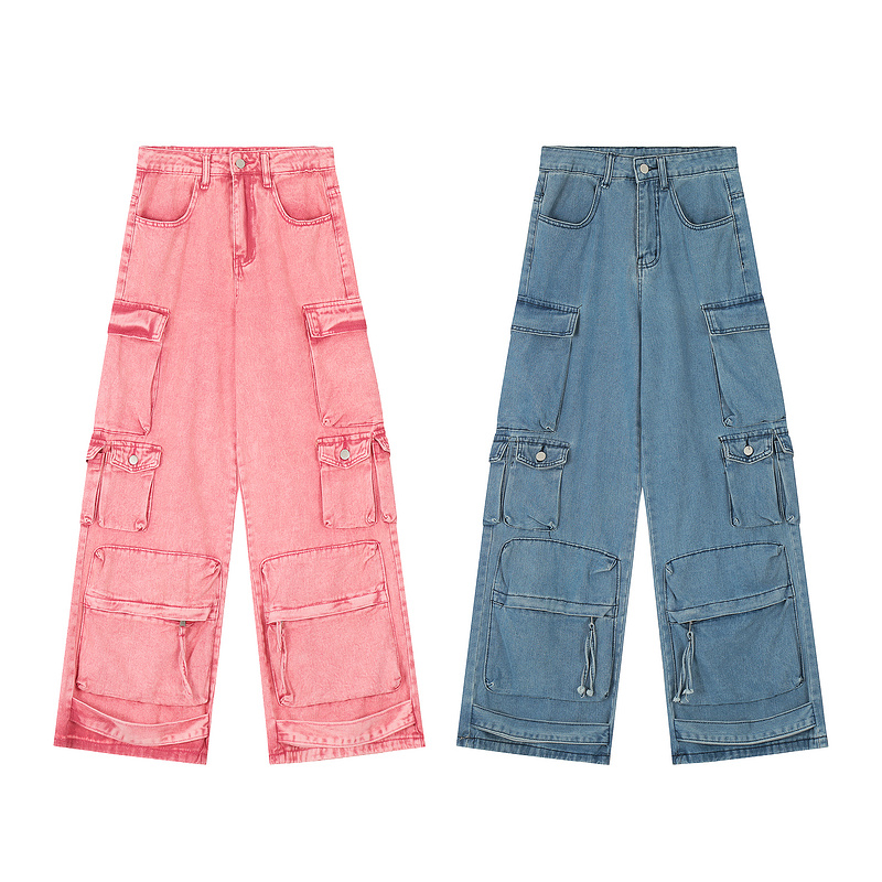 Spring and Autumn New Multi Pocket workwear pants with loose and wide leg design