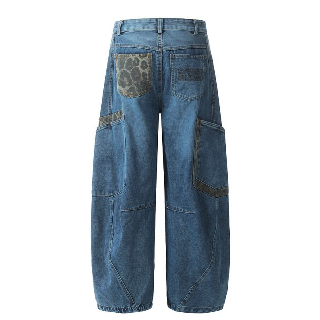 Big pocket curved knife jeans for men and women loose retro baggy wide leg embroidered floor pants - Image 9
