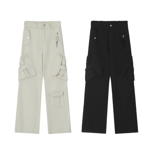 American retro women's work pants with multiple pockets, wide legs, floor length pants, straight leg pants