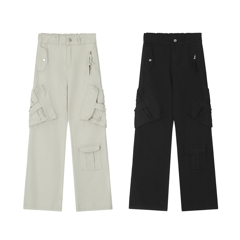 American retro women’s work pants with multiple pockets, wide legs, floor length pants, straight leg pants