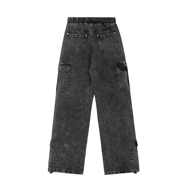 American street retro work pants with loose wide legs, washed and distressed multi pocket jeans - Image 5