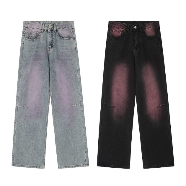 American men's and women's casual hip-hop retro washed color blocking design straight leg jeans
