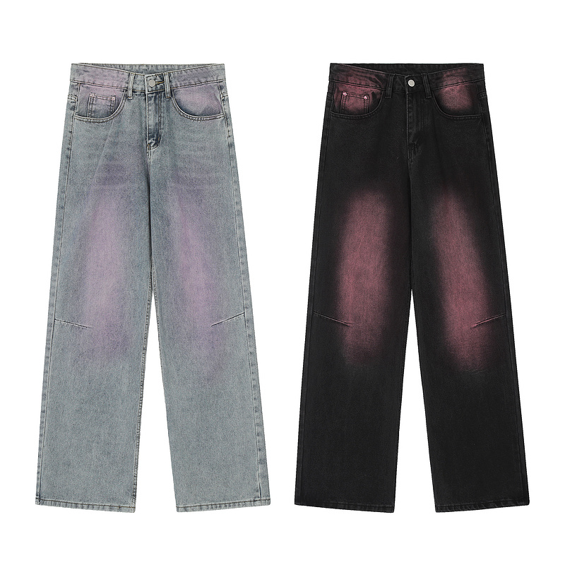 American men’s and women’s casual hip-hop retro washed color blocking design straight leg jeans