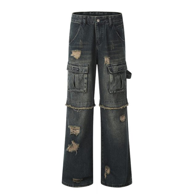 Vintage fringed design with wide legs, floor mopping, washed and distressed denim jeans - Image 2