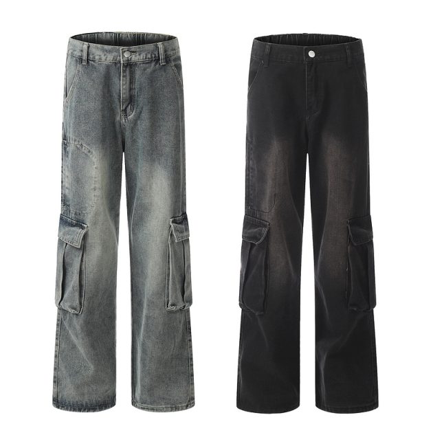 American heavyweight retro washed wide leg loose multi pocket workwear jeans