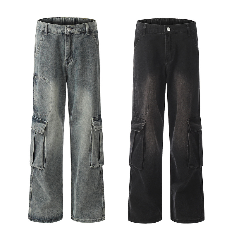 American heavyweight retro washed wide leg loose multi pocket workwear jeans