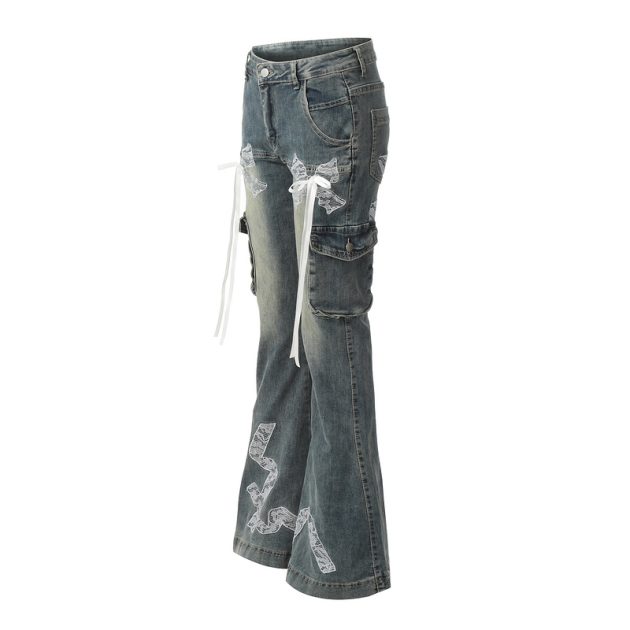 Retro lace butterfly strap micro flared women's jeans - Image 5
