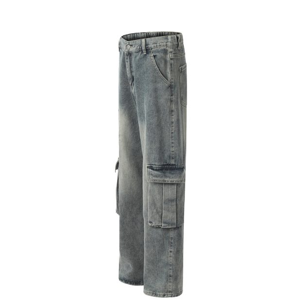 American heavyweight retro washed wide leg loose multi pocket workwear jeans - Image 7