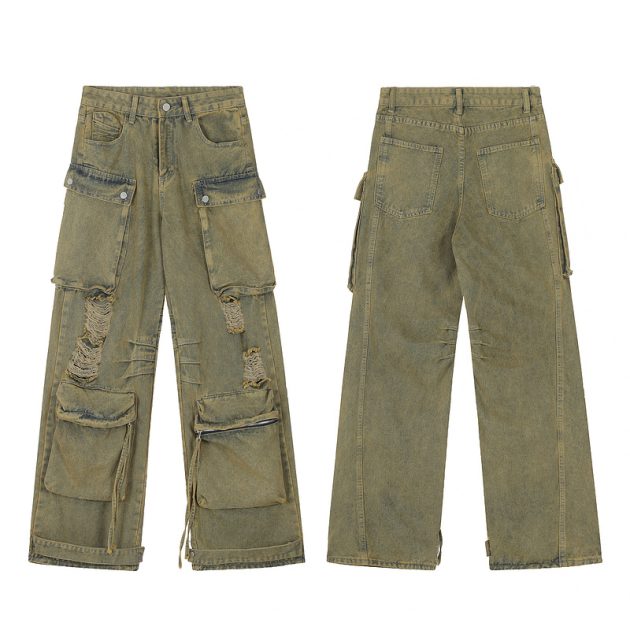 Men's heavy-duty loose fitting, worn-out, perforated, waste soil work pants