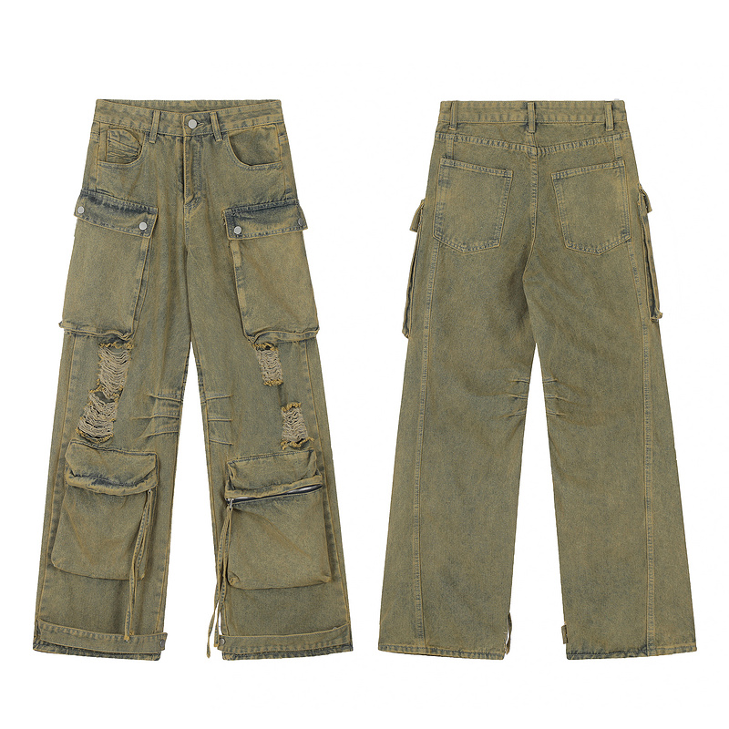 Men’s heavy-duty loose fitting, worn-out, perforated, waste soil work pants