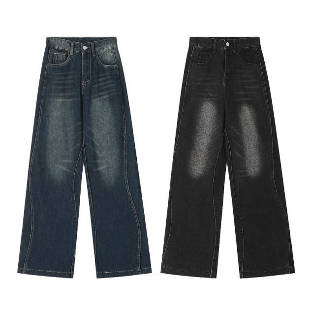 American retro niche wavy lines washed and stacked, loose straight tube slightly flared casual jeans