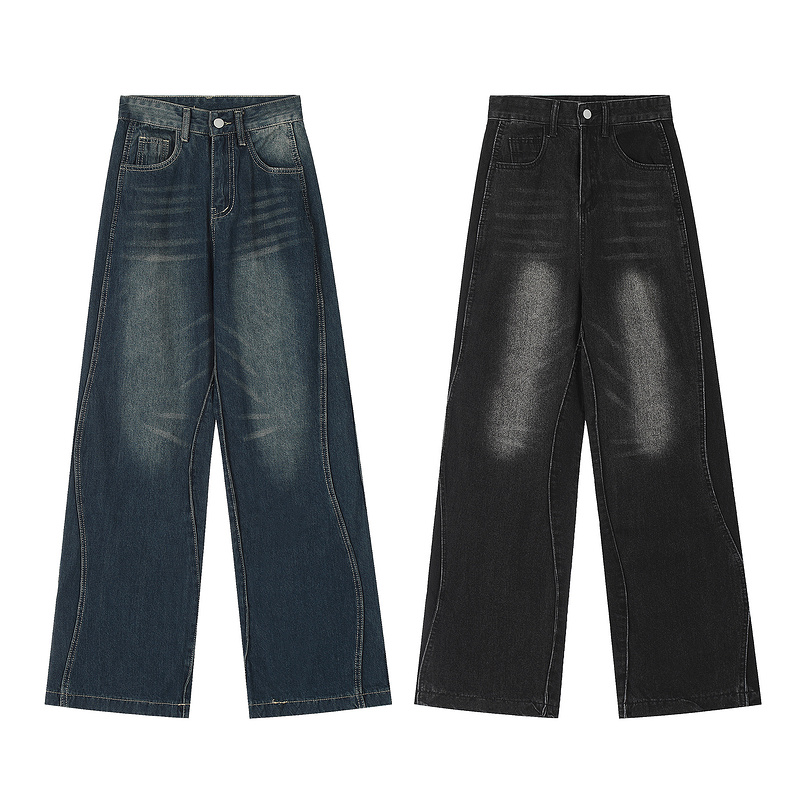 American retro niche wavy lines washed and stacked, loose straight tube slightly flared casual jeans