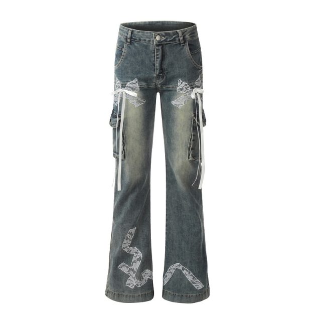Retro lace butterfly strap micro flared women's jeans - Image 6