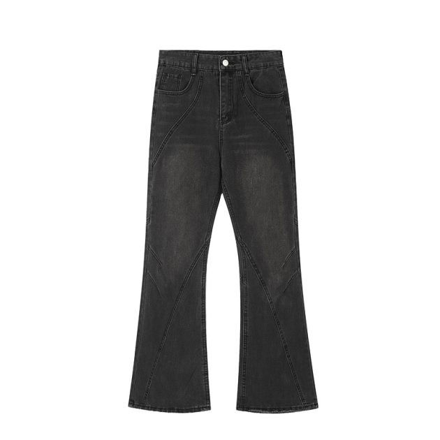 Men's vintage black gray deconstructive straight tube slightly flared style cool jeans - Image 4