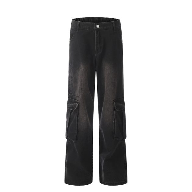 American heavyweight retro washed wide leg loose multi pocket workwear jeans - Image 3