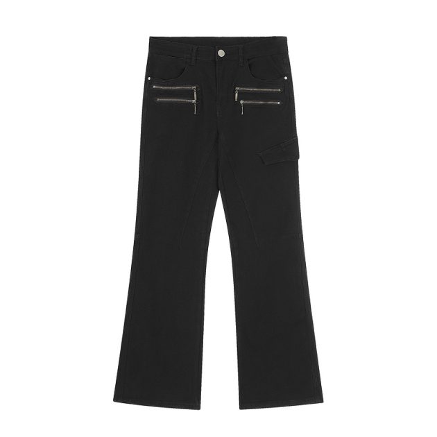 American workwear khaki color niche distressed washed elastic slightly flared straight leg workwear pants - Image 2