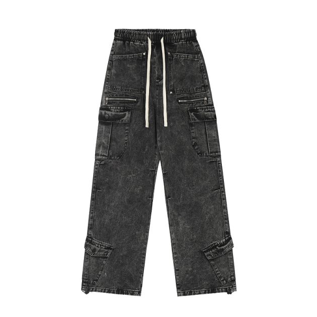 American street retro work pants with loose wide legs, washed and distressed multi pocket jeans - Image 4