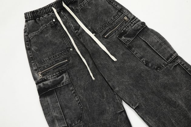 American street retro work pants with loose wide legs, washed and distressed multi pocket jeans - Image 6