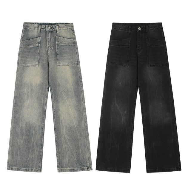 Ladies' American retro washed distressed loose wide leg mop straight leg jeans