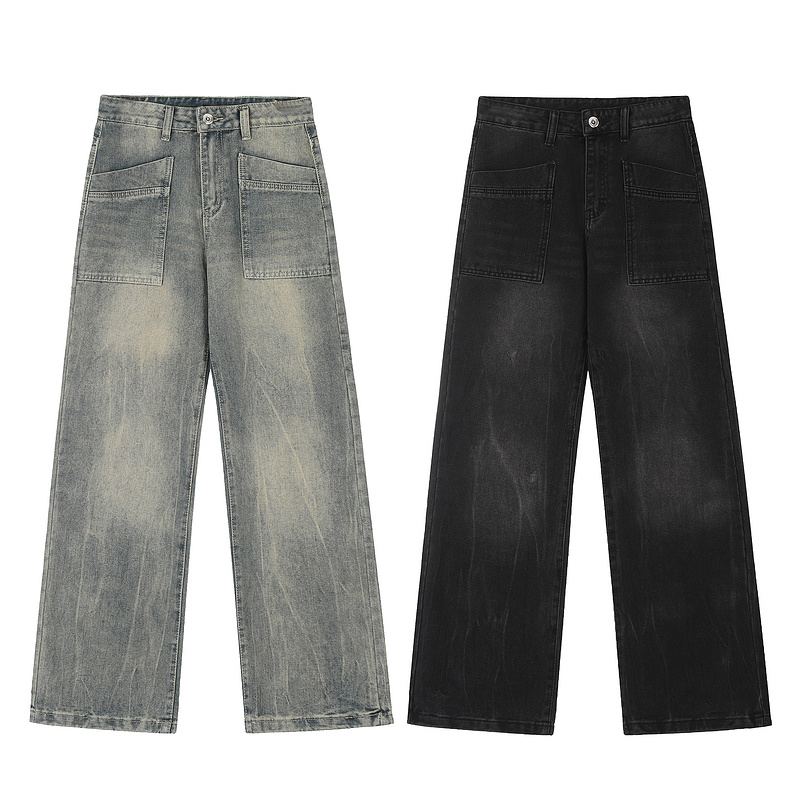 Ladies’ American retro washed distressed loose wide leg mop straight leg jeans
