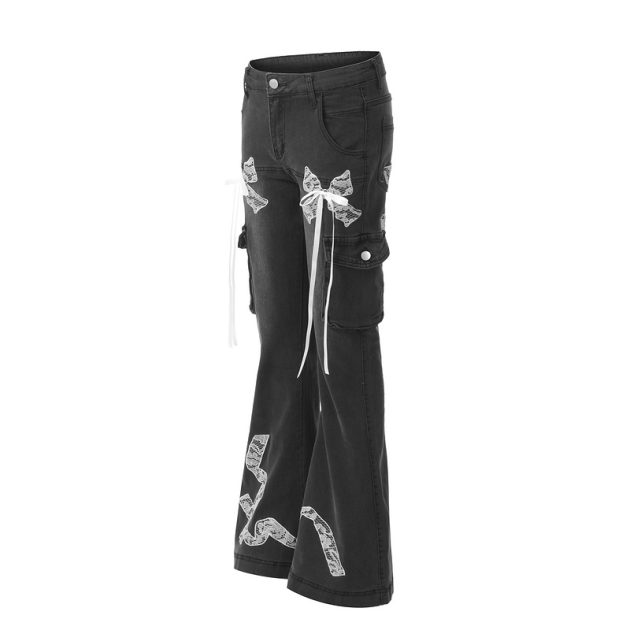 Retro lace butterfly strap micro flared women's jeans - Image 8