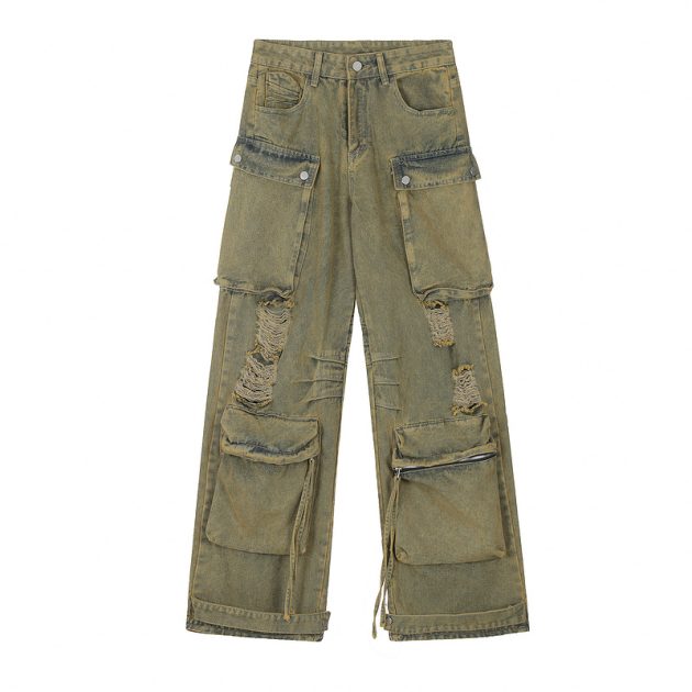 Men's heavy-duty loose fitting, worn-out, perforated, waste soil work pants - Image 2