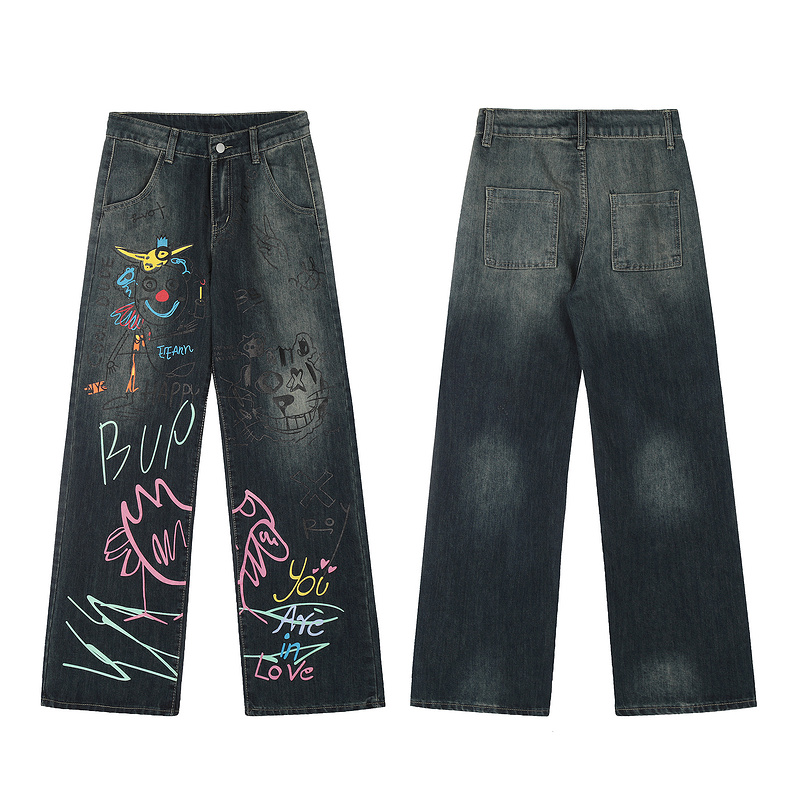 American retro high street graffiti straight leg jeans