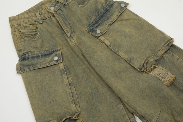 Men's heavy-duty loose fitting, worn-out, perforated, waste soil work pants - Image 5