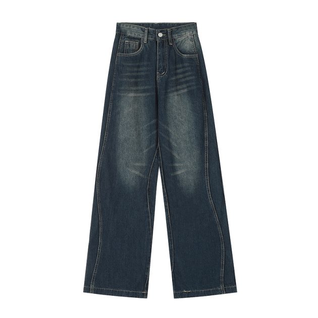 American retro niche wavy lines washed and stacked, loose straight tube slightly flared casual jeans - Image 2