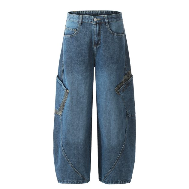 Big pocket curved knife jeans for men and women loose retro baggy wide leg embroidered floor pants - Image 7