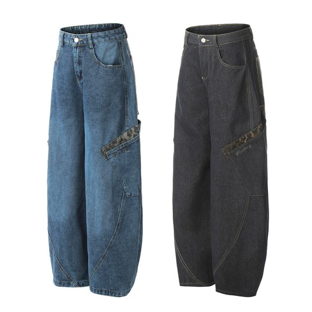 Big pocket curved knife jeans for men and women loose retro baggy wide leg embroidered floor pants - Image 3