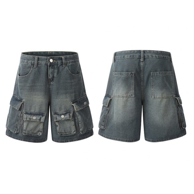 Men's retro summer loose multi pocket short wide leg straight leg pants