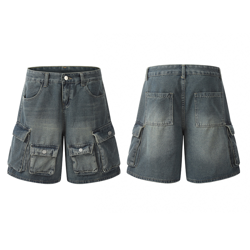 Men’s retro summer loose multi pocket short wide leg straight leg pants