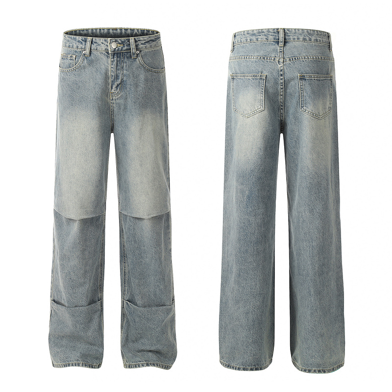 Summer men’s straight leg fun American straight waist wide denim pants