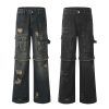 Vintage fringed design with wide legs, floor mopping, washed and distressed denim jeans