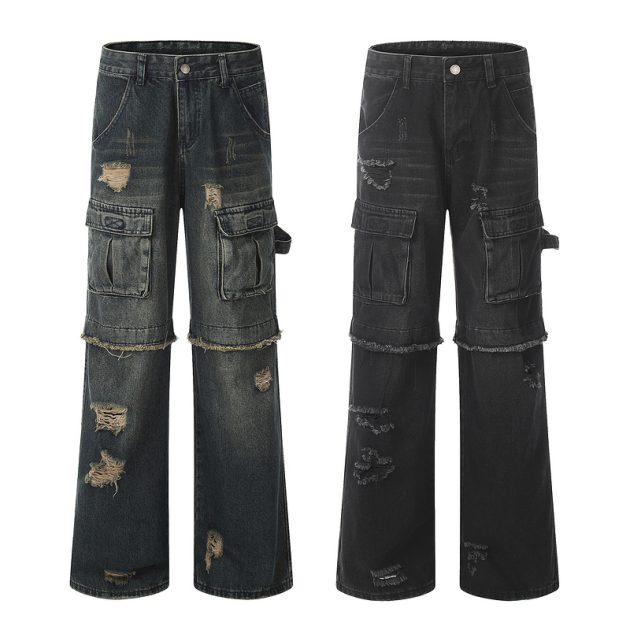 Vintage fringed design with wide legs, floor mopping, washed and distressed denim jeans