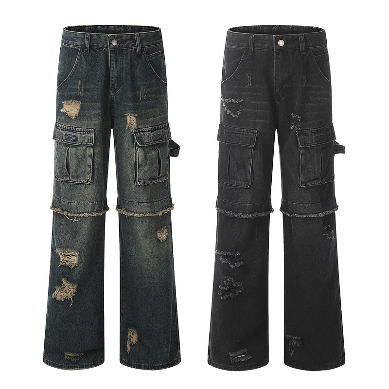 Vintage fringed design with wide legs, floor mopping, washed and distressed denim jeans