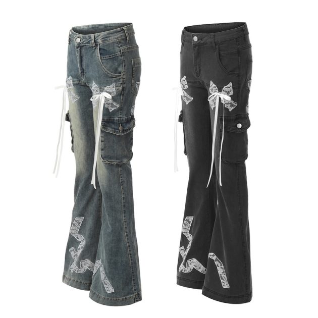 Retro lace butterfly strap micro flared women's jeans - Image 2