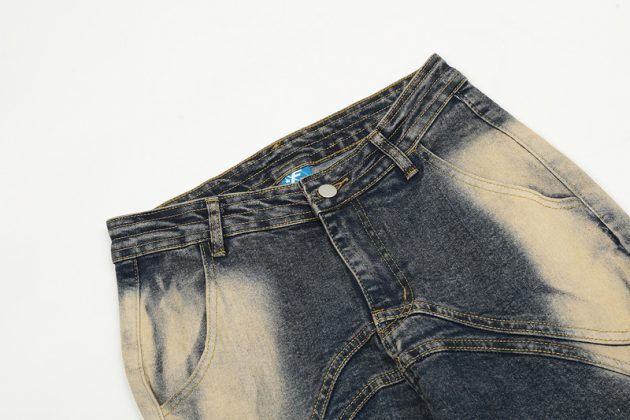 Men's and women's American high street irregular splicing design washed retro jeans - Image 5